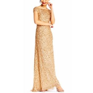 Adrianna Papell Gold Sequin Off-Shoulder Gown